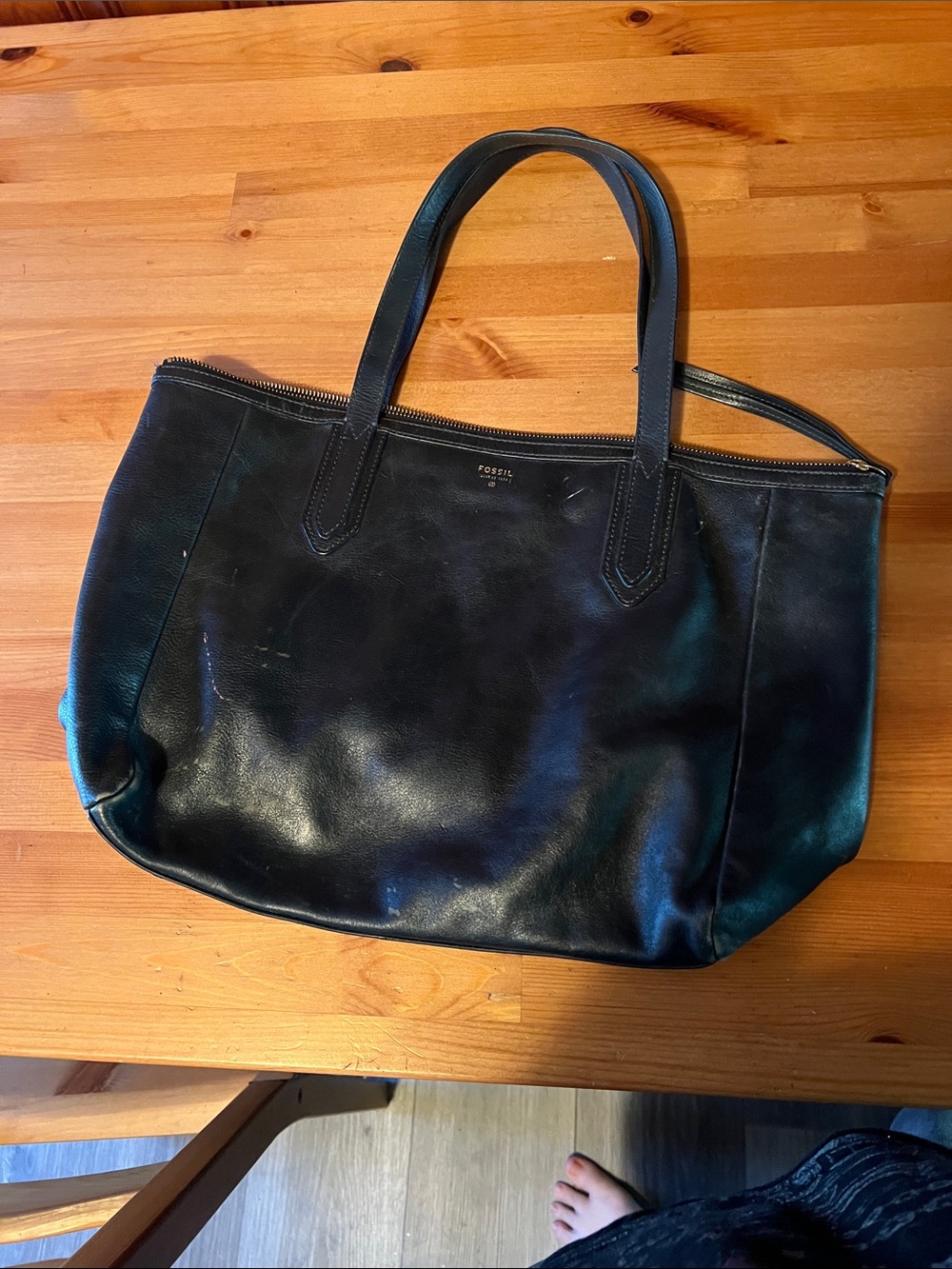 Fossil Navy Blue Leather Tote with Dual Top Handles